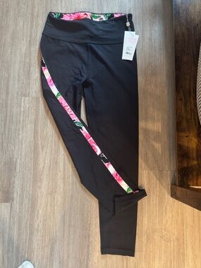 Lilly Pulitzer Black Leggings with Pink Floral Side Stripe